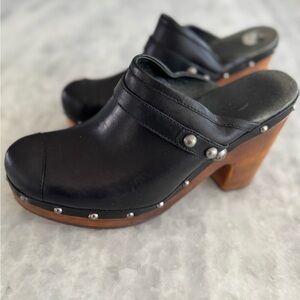 UGG Black Leather Studded Wooden Clog Mules